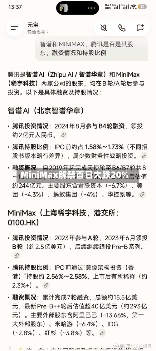 MiniMax解禁首日大跌20%