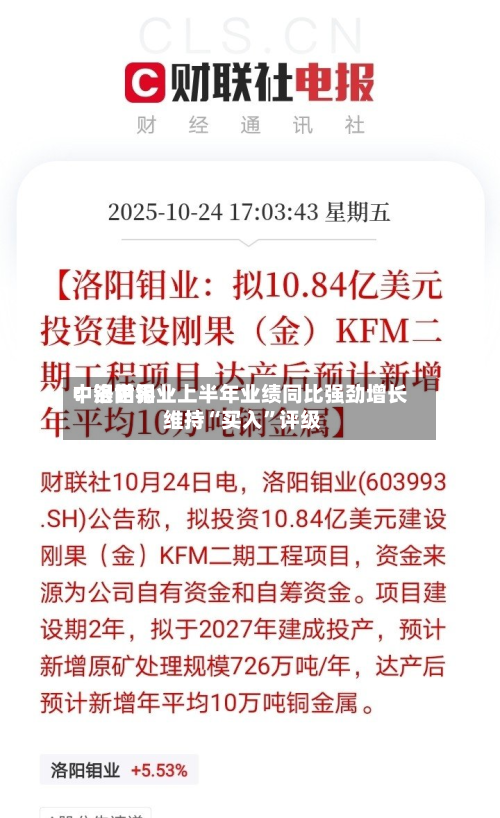 中银世界：洛阳钼业上半年业绩同比强劲增长 维持“买入”评级