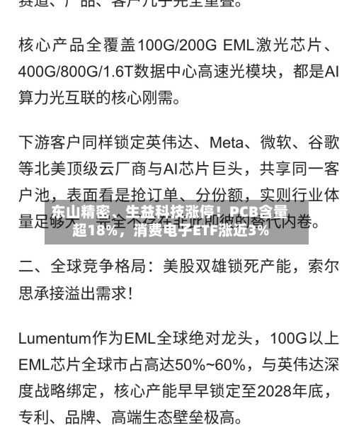 东山精密、生益科技涨停！PCB含量超18%，消费电子ETF涨近3%