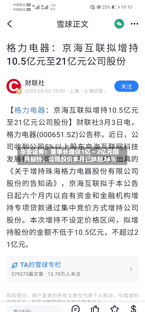 华安证券：董事长提议1亿～2亿元回购股份，公司股价本月已跌超26%-第2张图片