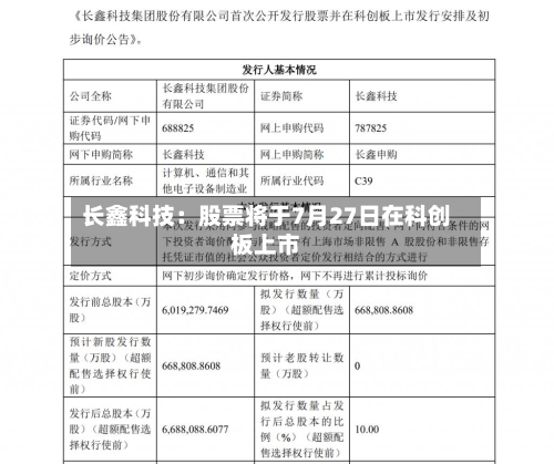 长鑫科技：股票将于7月27日在科创板上市