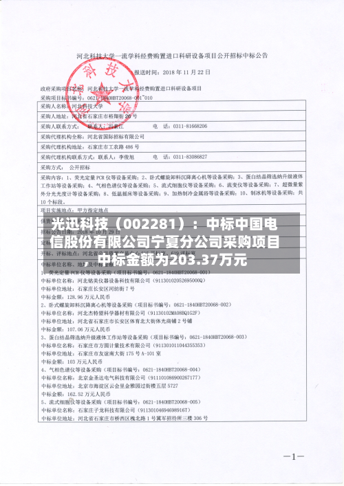 光迅科技（002281）：中标中国电信股份有限公司宁夏分公司采购项目，中标金额为203.37万元-第2张图片