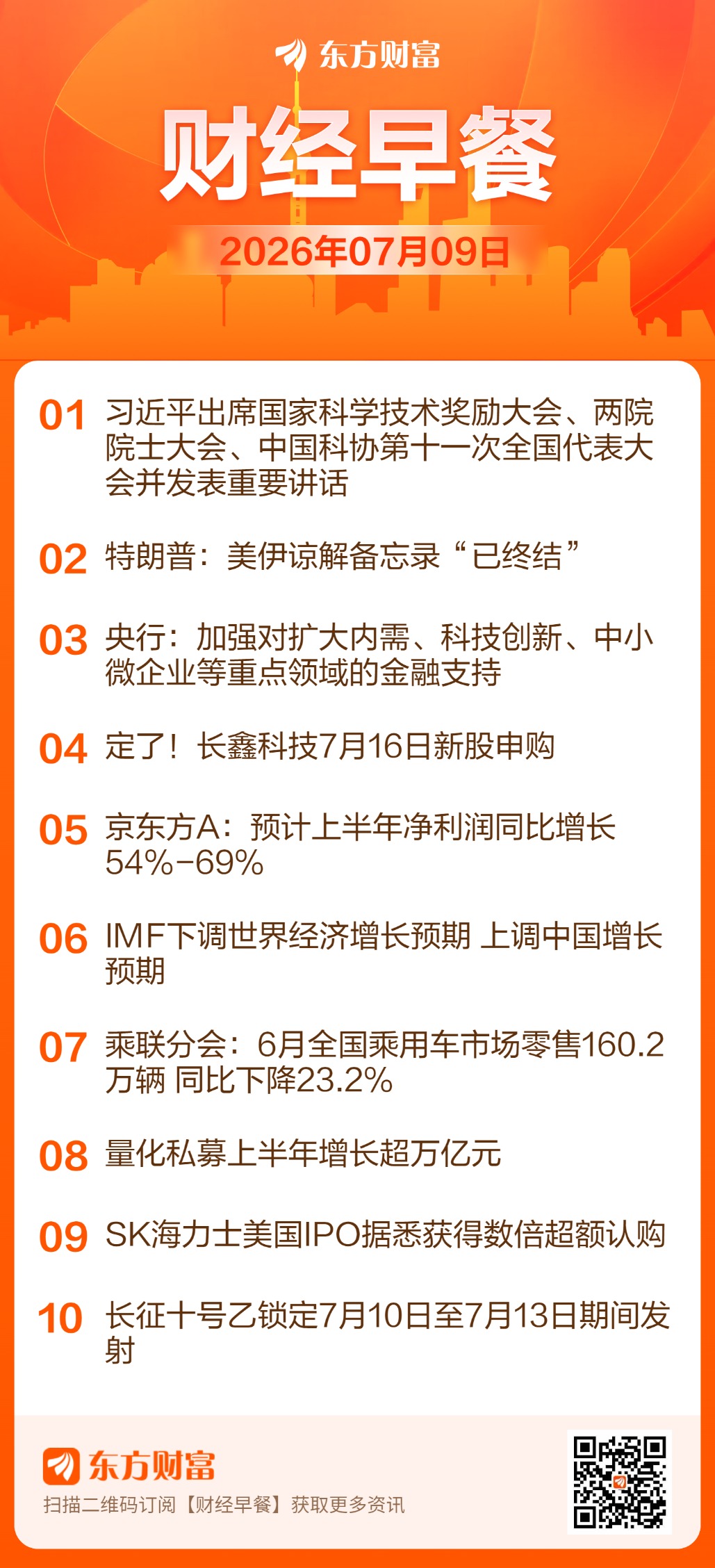 东方财富财经早餐 7月9日周四