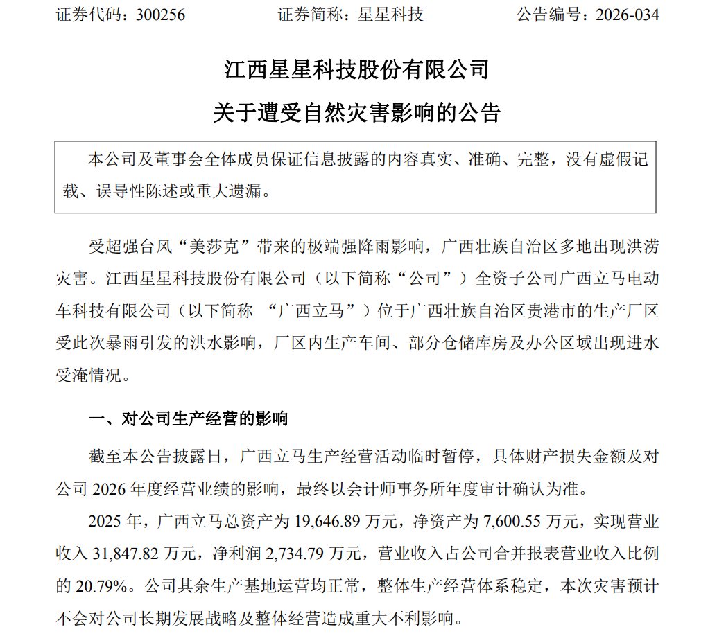 300256，最新公告：台风“美莎克”袭来，导致广西贵港生产厂区被淹	，该厂营收3.18亿元