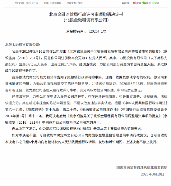 北京金融监管局撤销力勤公司成为北银金租股东的许可