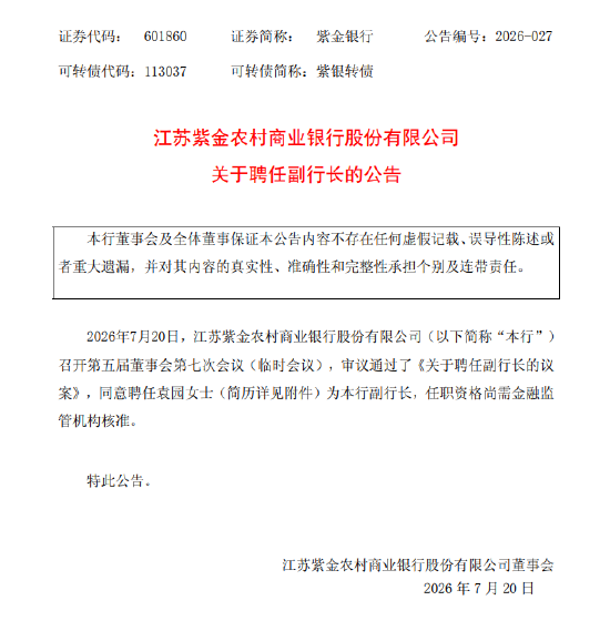 紫金银行：聘任袁园为副行长