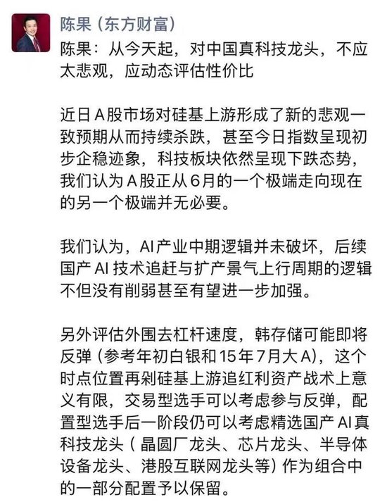 陈果最新发声：今天起，对中国真科技龙头不应太悲观