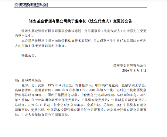 诺安基金换帅：夏宇接替李强出任董事长