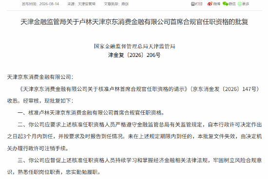 京东消金首席风险官汪序、首席合规官卢林任职资格获批